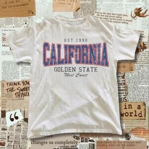 California Golden State West Coast White T-Shirt With Blue Red Text Graphic